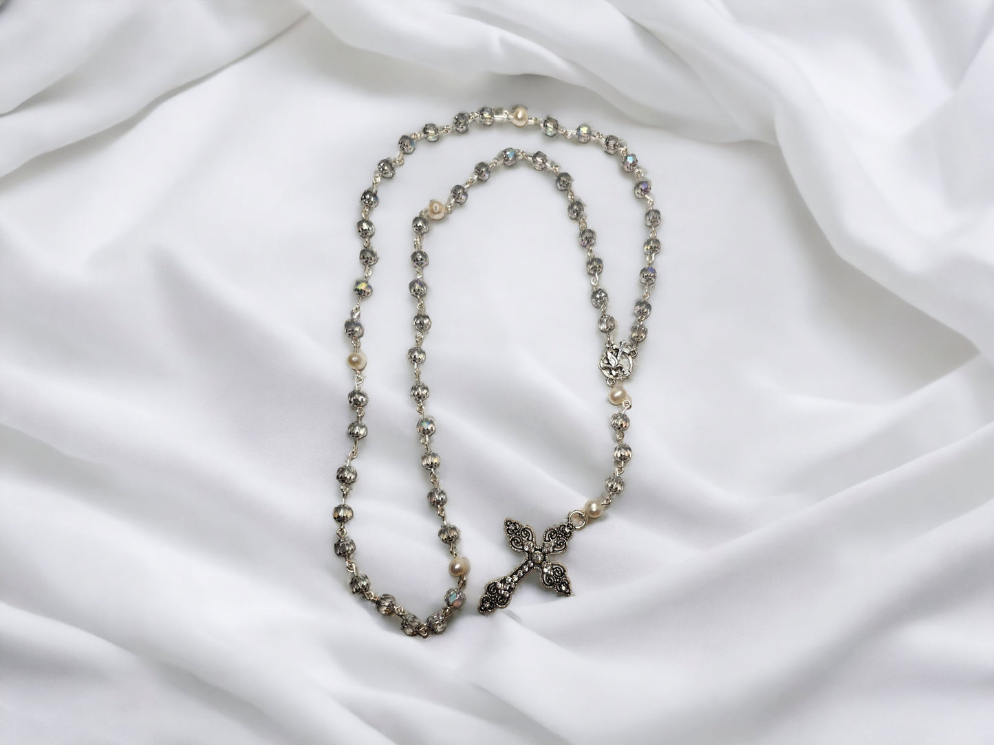 Handmade Cathedral Czech glass beads and natural white pearl, silver rosary