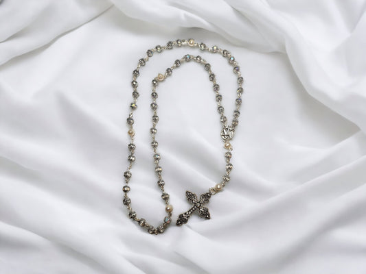 Handmade Cathedral Czech glass beads and natural white pearl, silver rosary