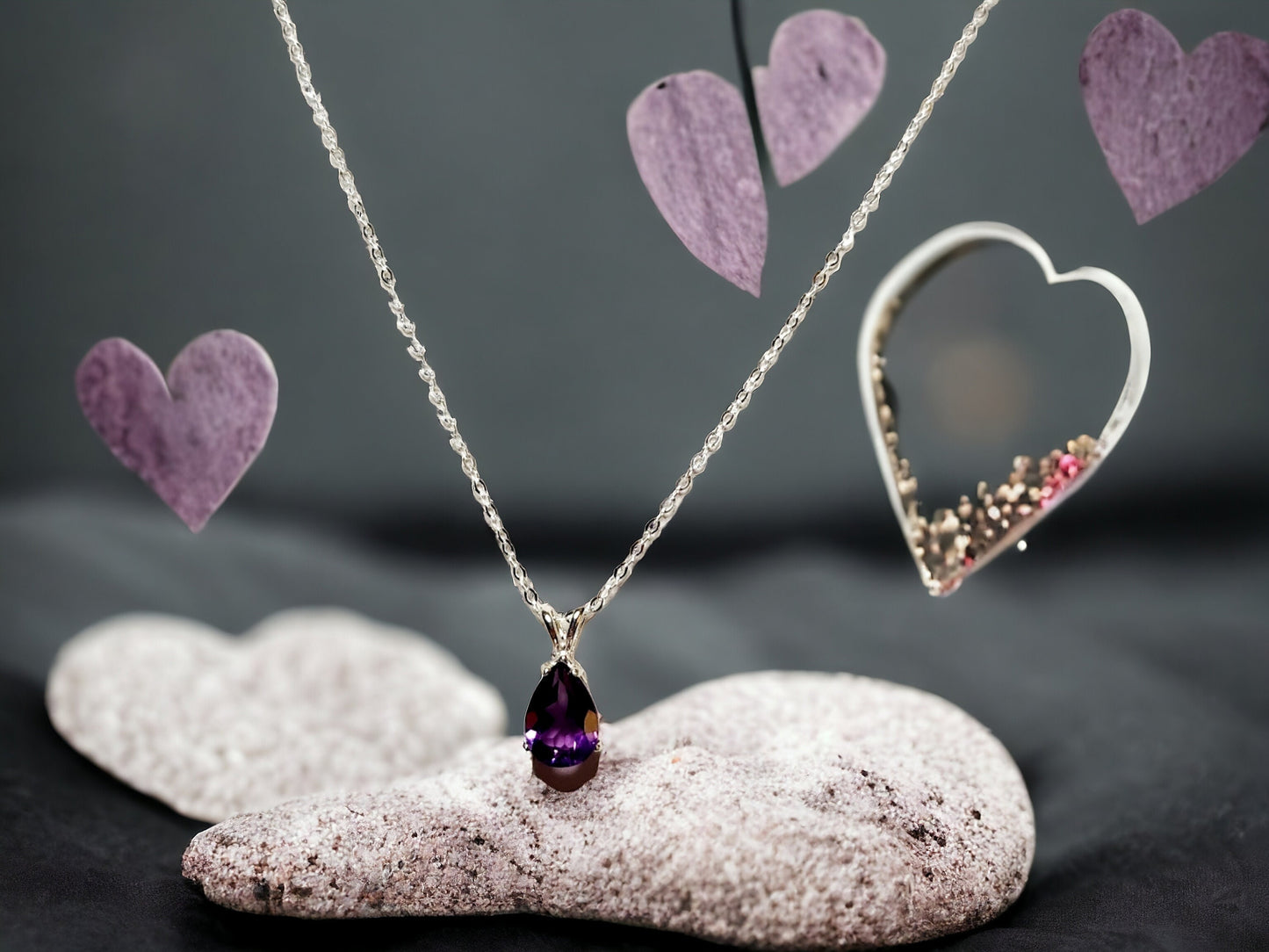 Natural Amethyst Pear shaped pendant 10x7mm set in sterling silver, with 16 inch sterling silver chain