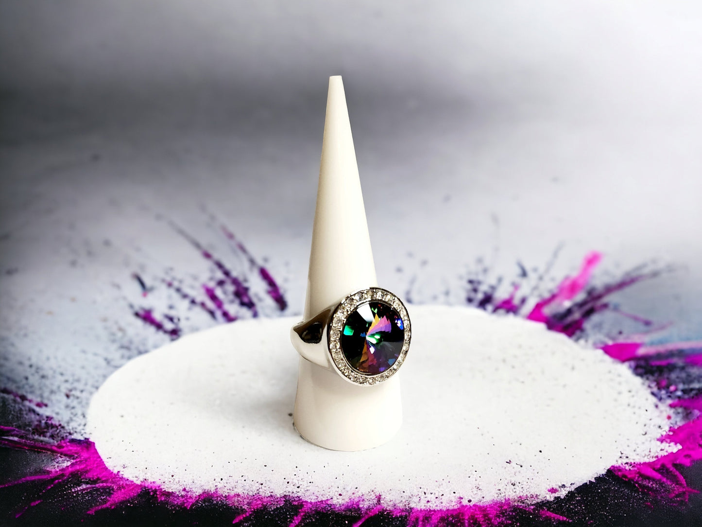 Electra Cyrstal 14mm Rivoli ring set in silver tone ring with rhinestone bezel