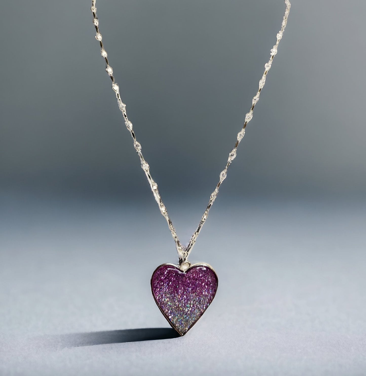 Necklace, Purple and Silver Glitter Ombre Heart on 18inch silver bar chain
