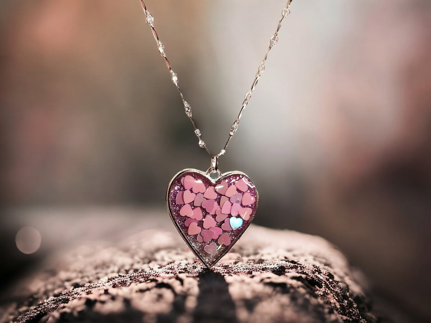 Necklace, Purple and Silver Glitter Ombre Heart on 18inch silver bar chain
