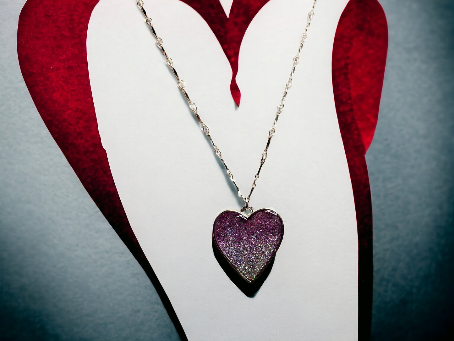 Necklace, Purple and Silver Glitter Ombre Heart on 18inch silver bar chain