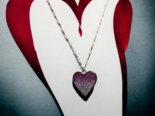 Necklace, Purple and Silver Glitter Ombre Heart on 18inch silver bar chain