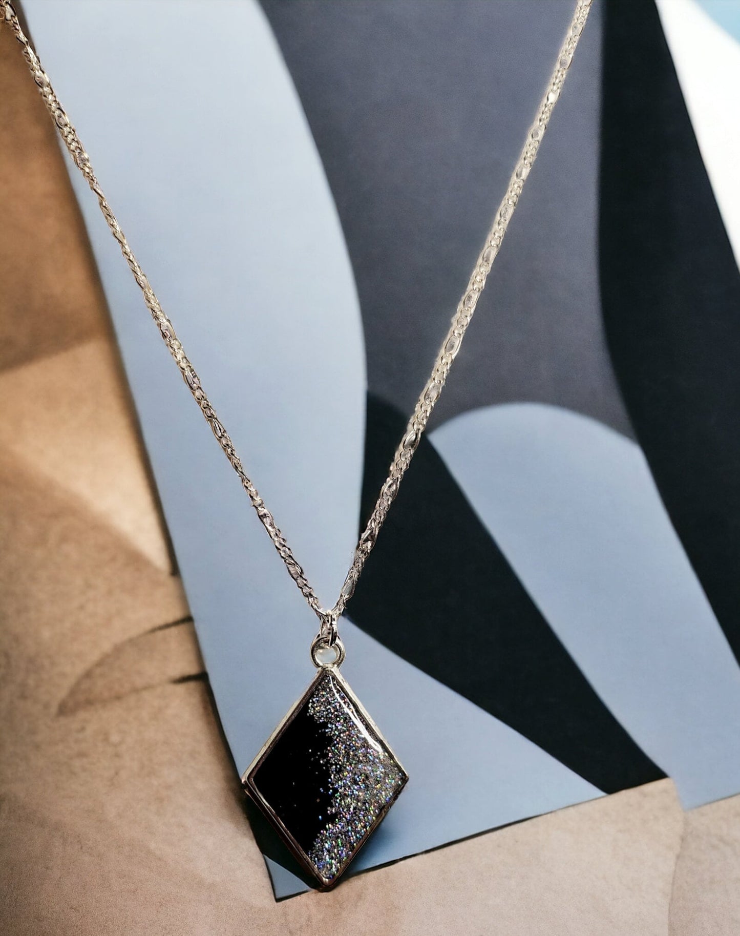 Necklace, Silver and Black Diamond pendant, glitter set in UV resin, on silver 20inch figaro chain