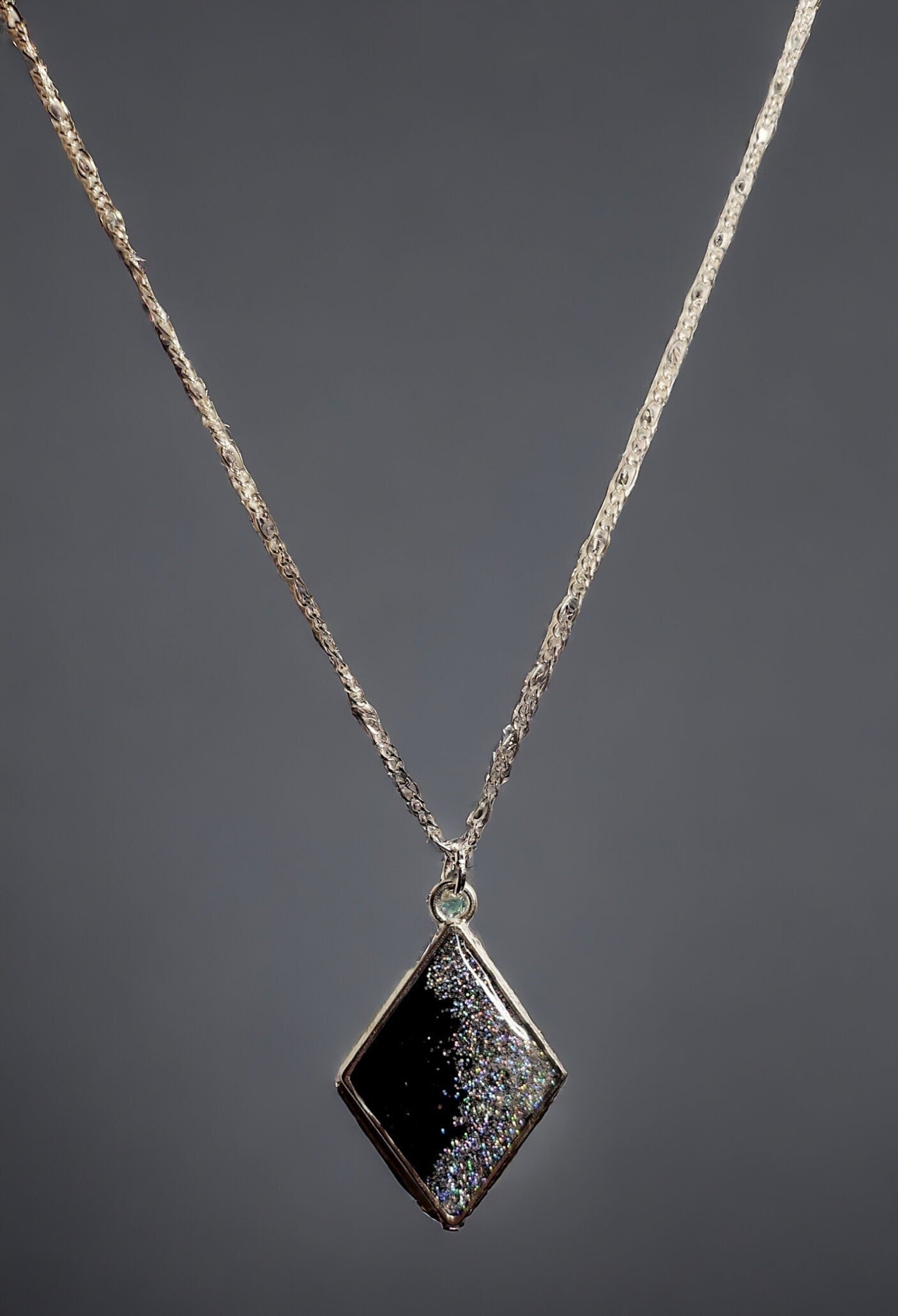 Necklace, Silver and Black Diamond pendant, glitter set in UV resin, on silver 20inch figaro chain