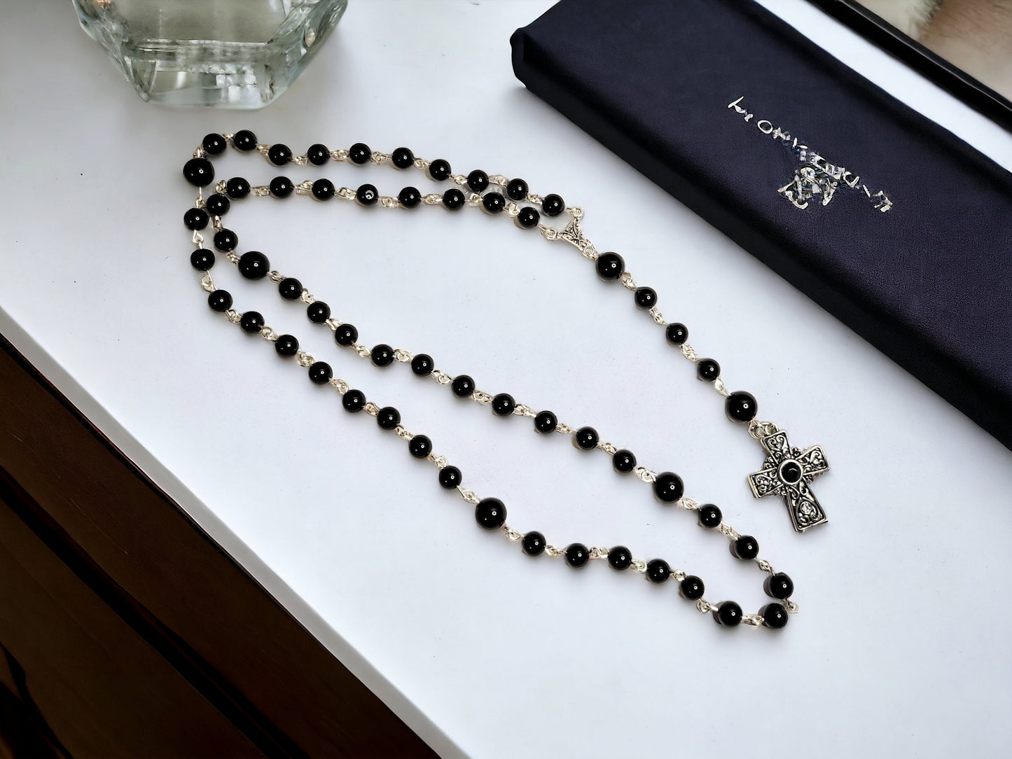 Onyx and Obsidian gemstone rosary beads, handcrafted,  approx 26inch in length