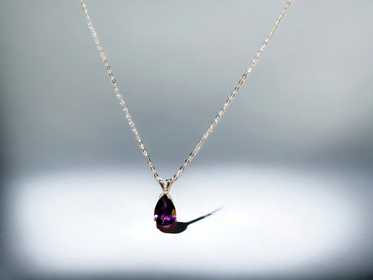 Natural Amethyst Pear shaped pendant 10x7mm set in sterling silver, with 16 inch sterling silver chain
