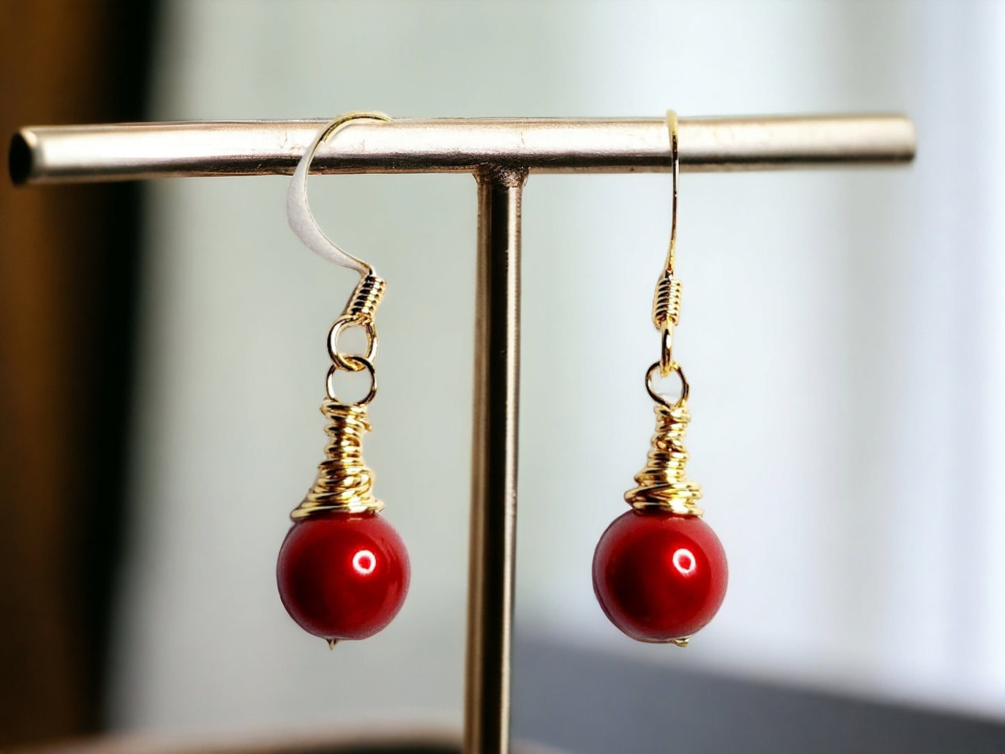 Red pearl 8mm and gold wrapped drop earrings