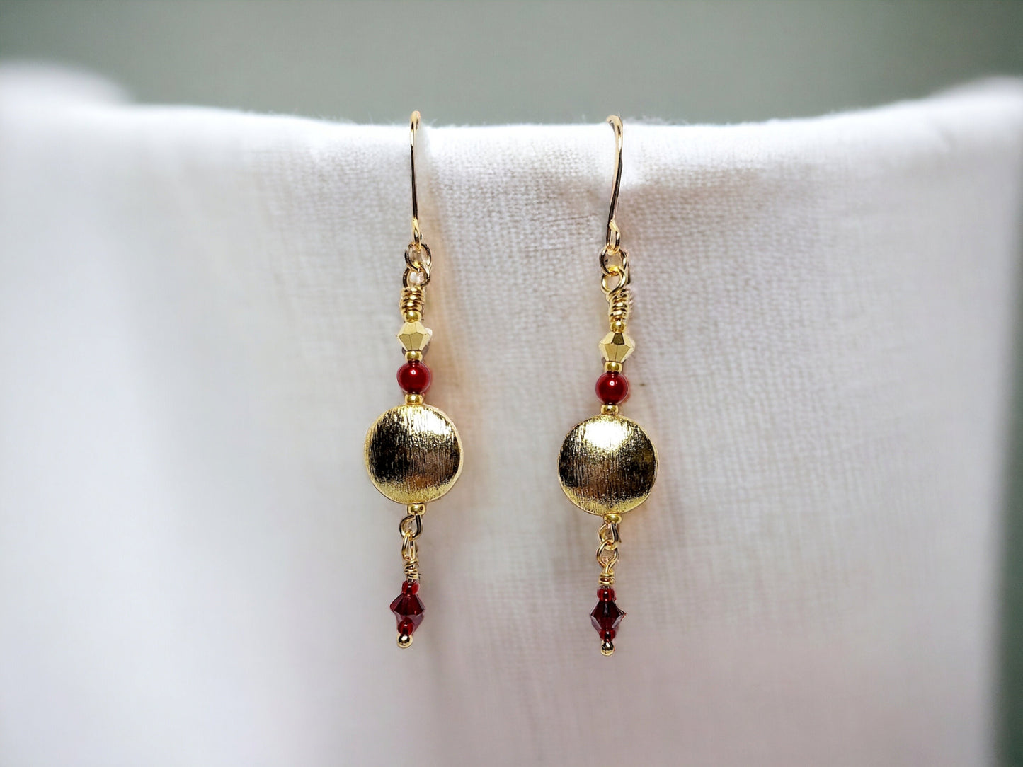 Red crystal and Gold Disc drop earrings approx 2 inches