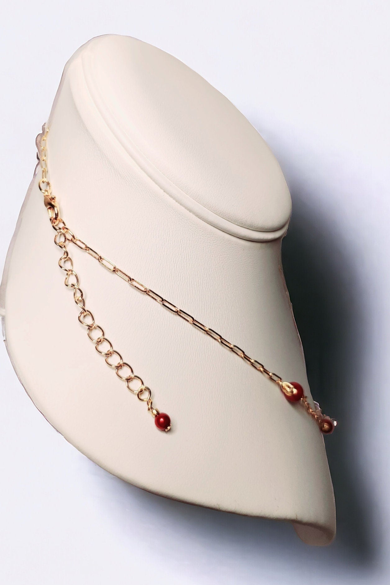 Hand wrapped red pearls and gold paper clip necklace