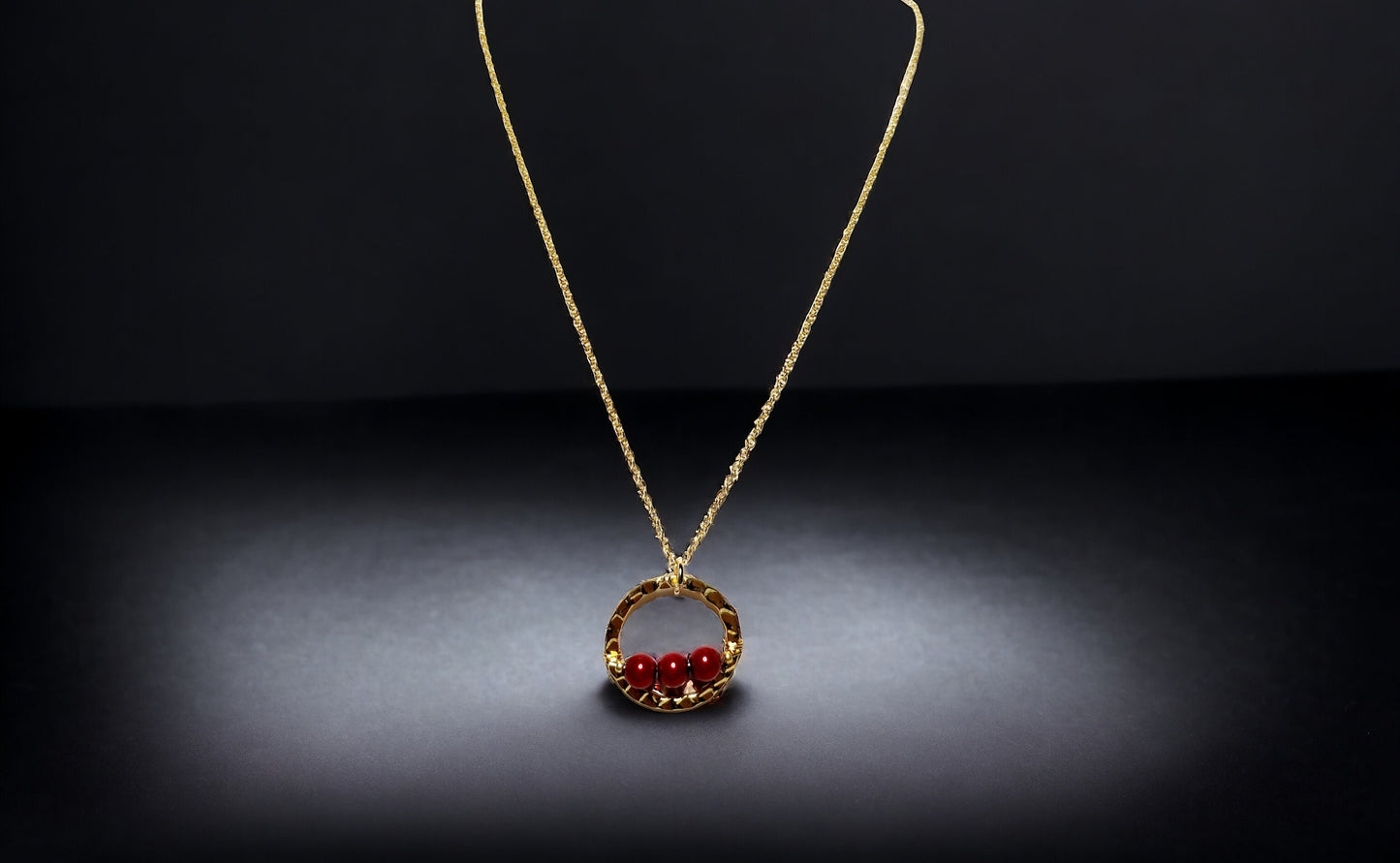 Red Pearl bar on gold hammered circle pendant on 20inch gold plated curb chain necklace