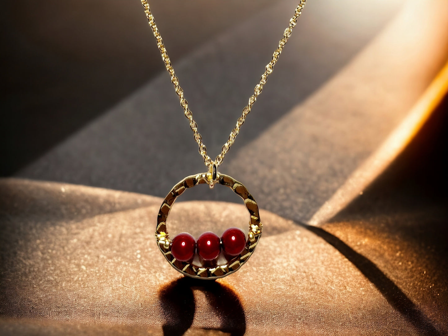 Red Pearl bar on gold hammered circle pendant on 20inch gold plated curb chain necklace