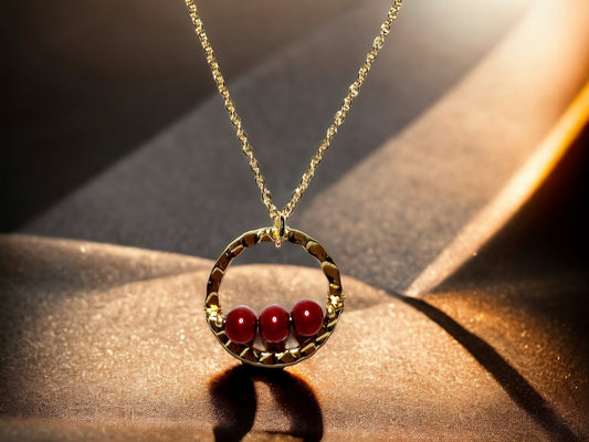 Red Pearl bar on gold hammered circle pendant on 20inch gold plated curb chain necklace