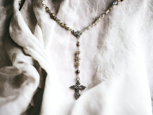 Handmade Cathedral Czech glass beads in smoke color and cultured peacock pearls, silver rosary