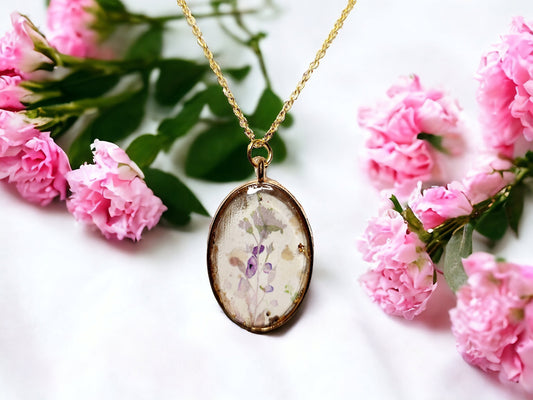 Floral Watercolor Print Golden Oval pendant and gold necklace  - UV Resin on paper