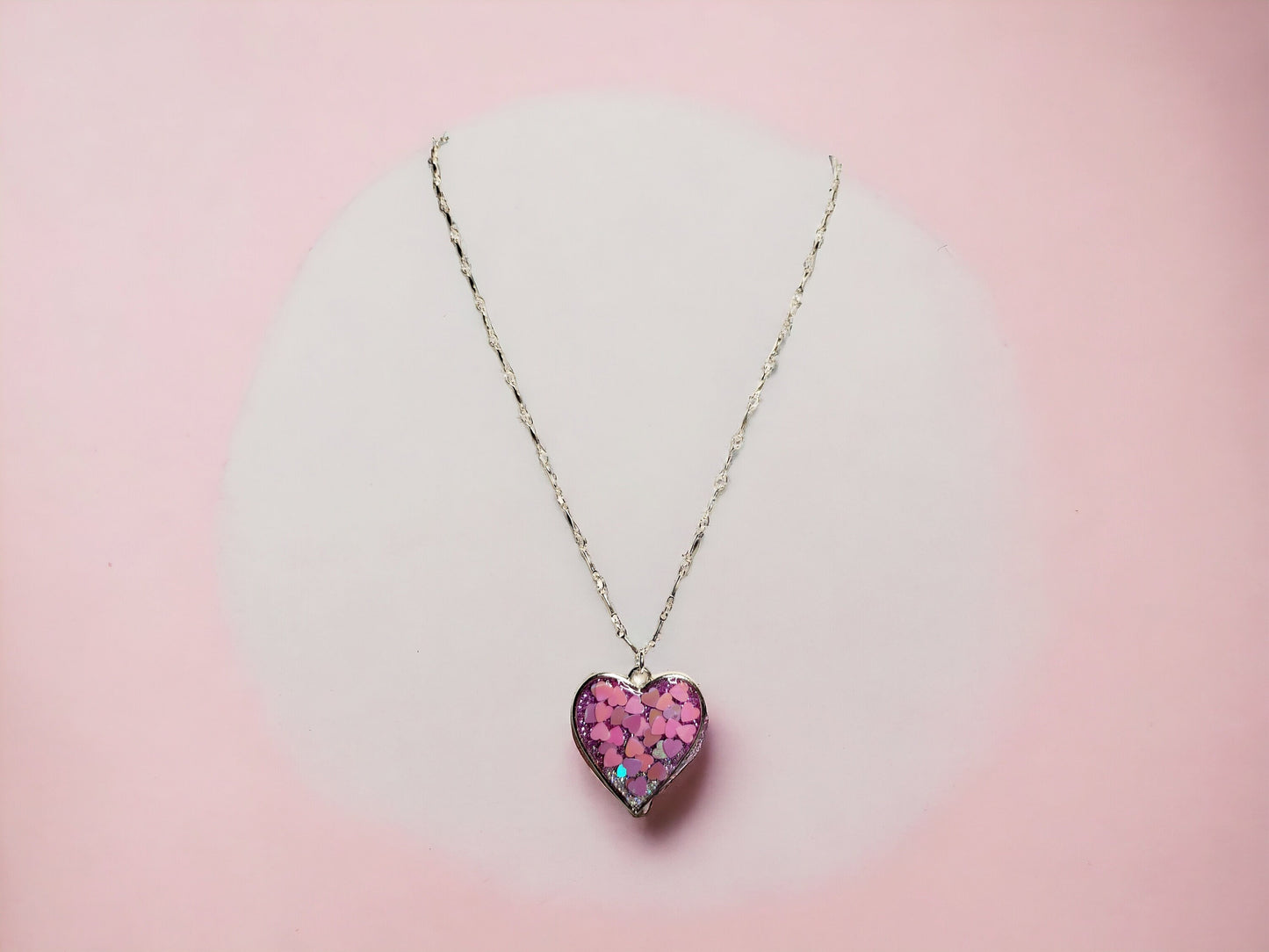 Necklace, Purple and Silver Glitter Ombre Heart on 18inch silver bar chain