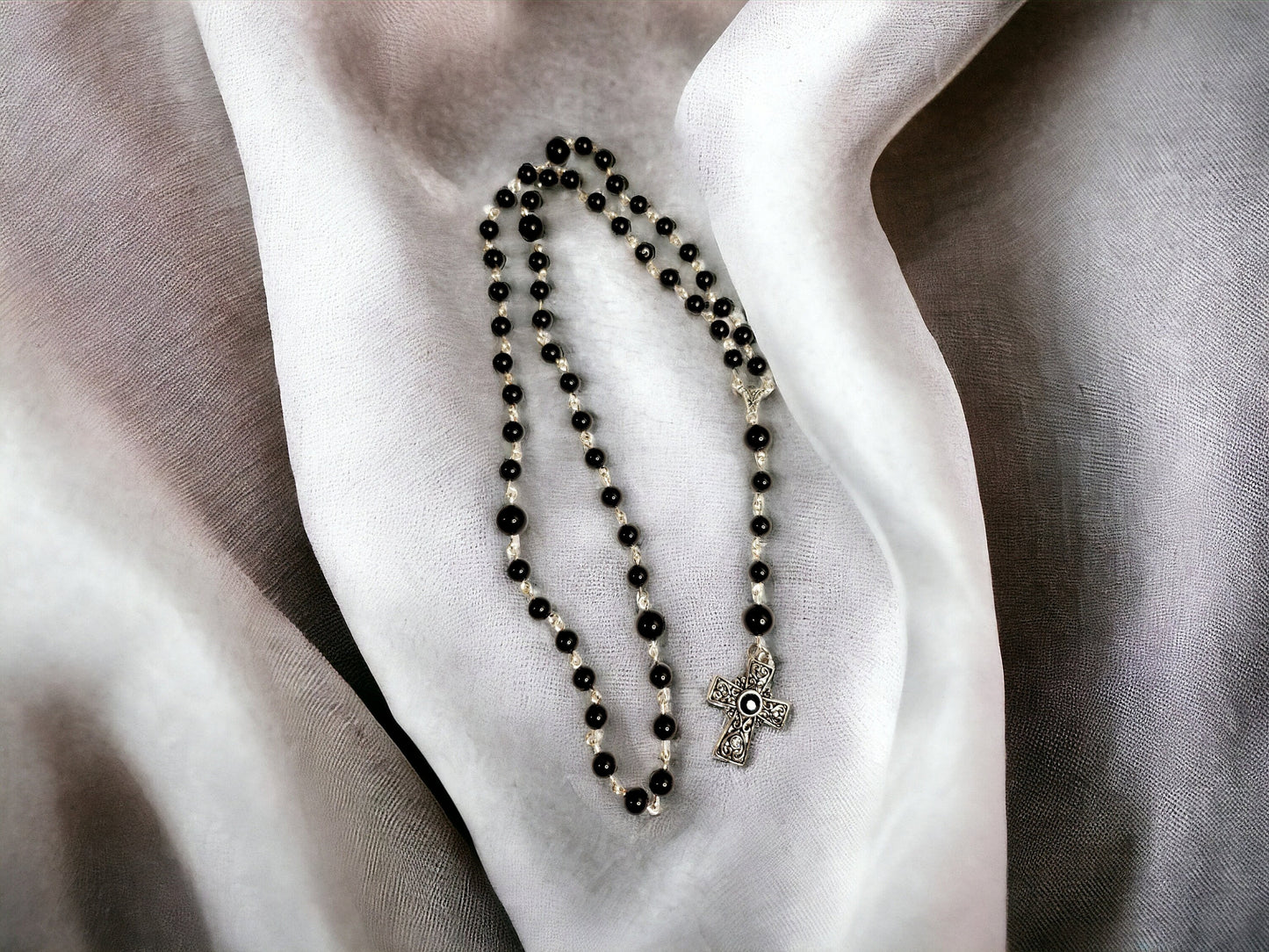 Onyx and Obsidian gemstone rosary beads, handcrafted,  approx 26inch in length