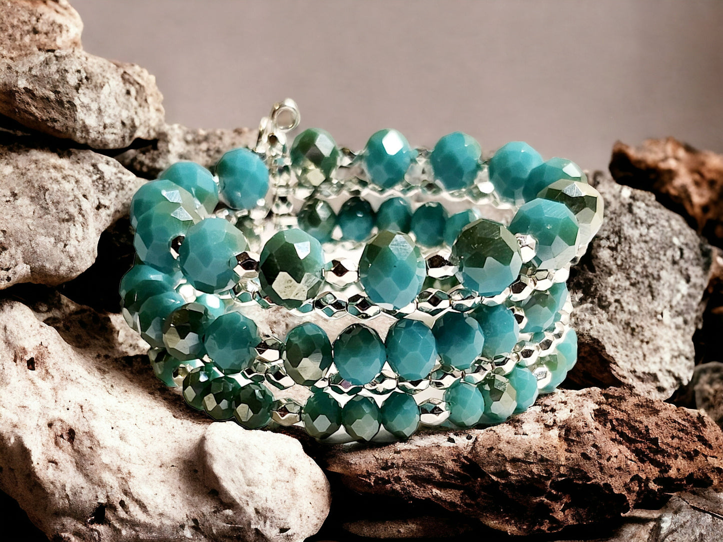 Turquoise Beaded Cuff Bracelet with silver and Glass turquoise beading