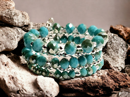 Turquoise Beaded Cuff Bracelet with silver and Glass turquoise beading