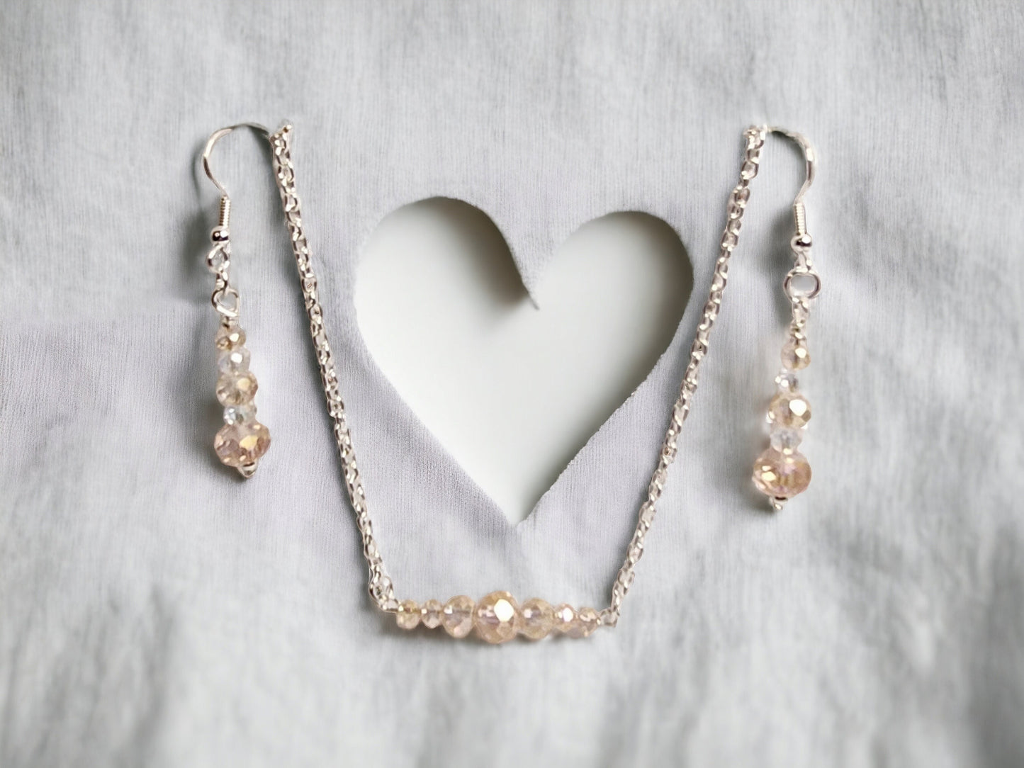 Peach blush and Crystal bead bar necklace and matching drop earrings set