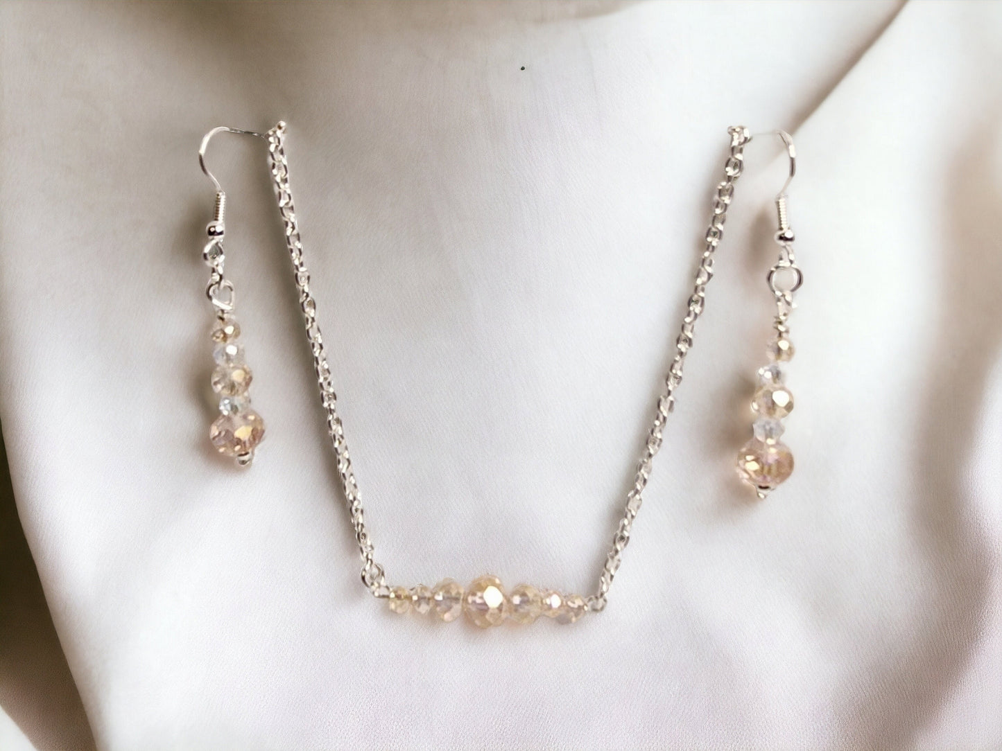 Peach blush and Crystal bead bar necklace and matching drop earrings set
