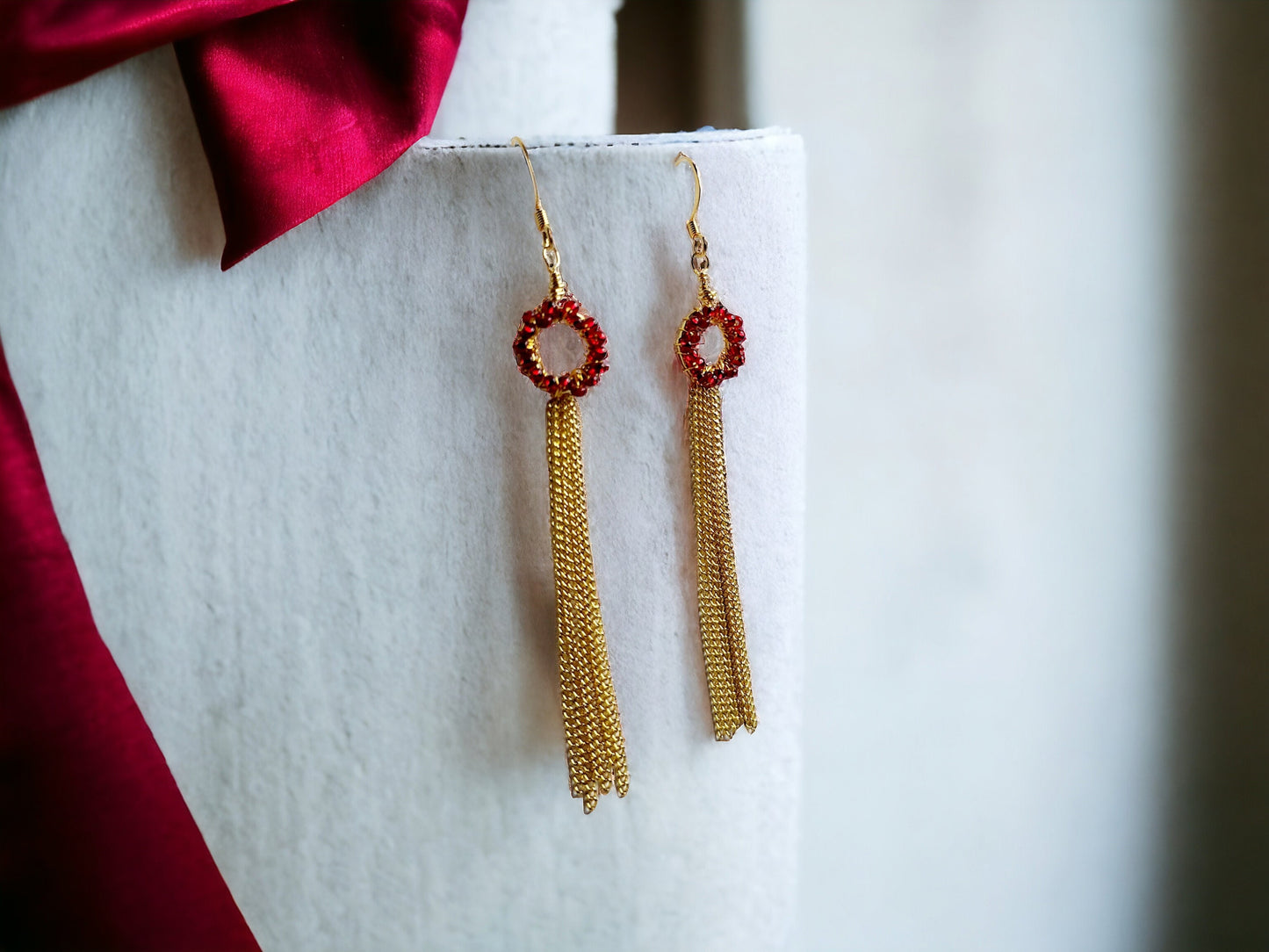 Red and Gold chain duster earrings, 18kt gold plated