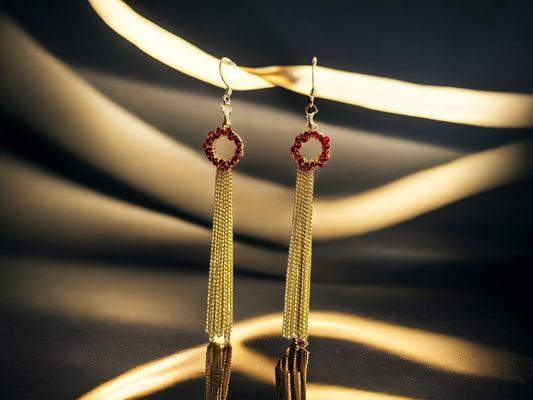 Red and Gold chain duster earrings, 18kt gold plated