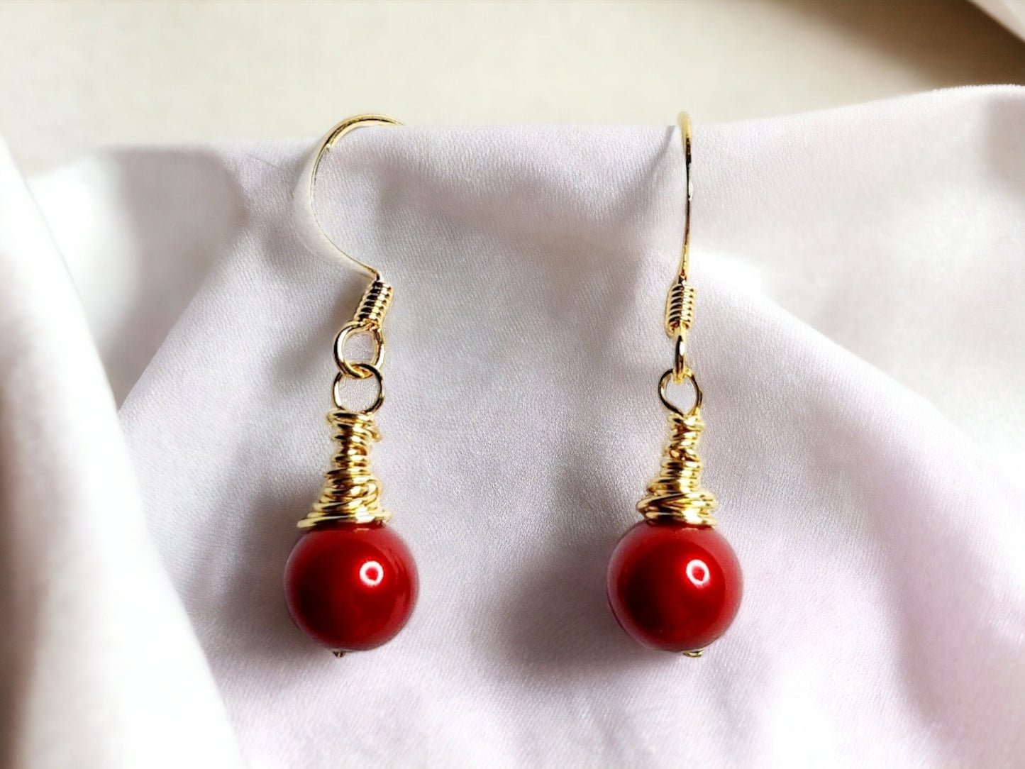 Red pearl 8mm and gold wrapped drop earrings