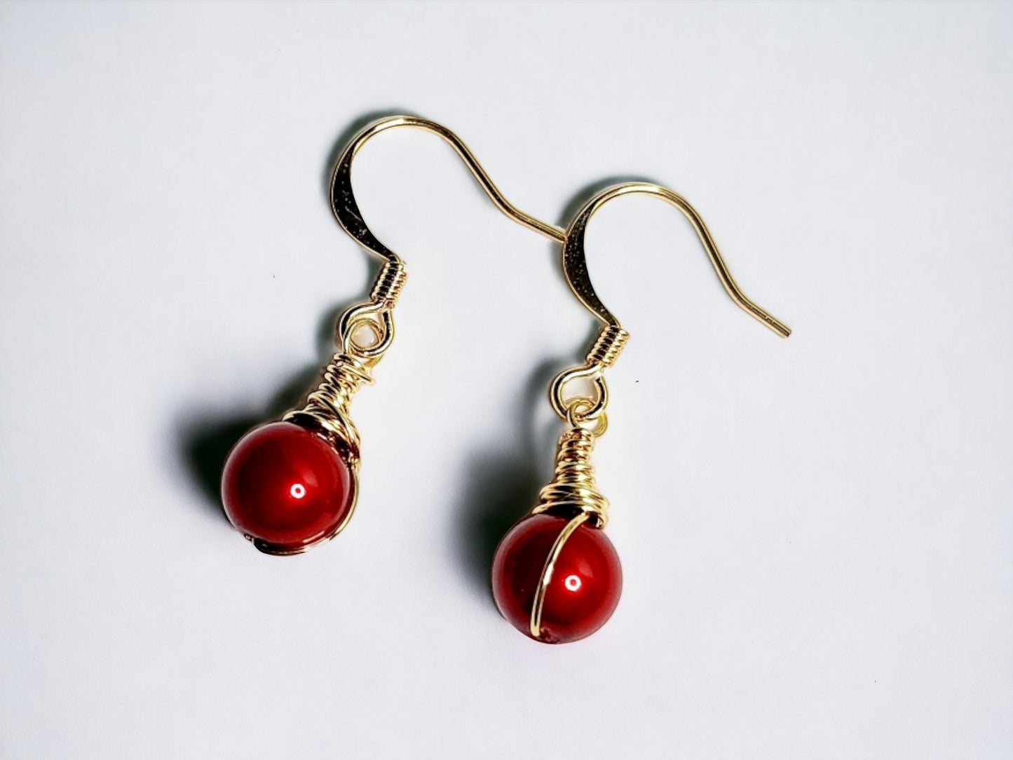 Red pearl 8mm and gold wrapped drop earrings