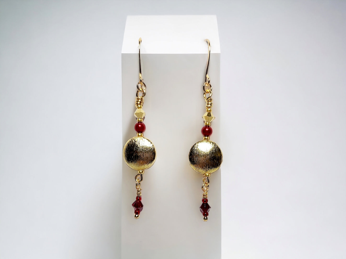 Red crystal and Gold Disc drop earrings approx 2 inches