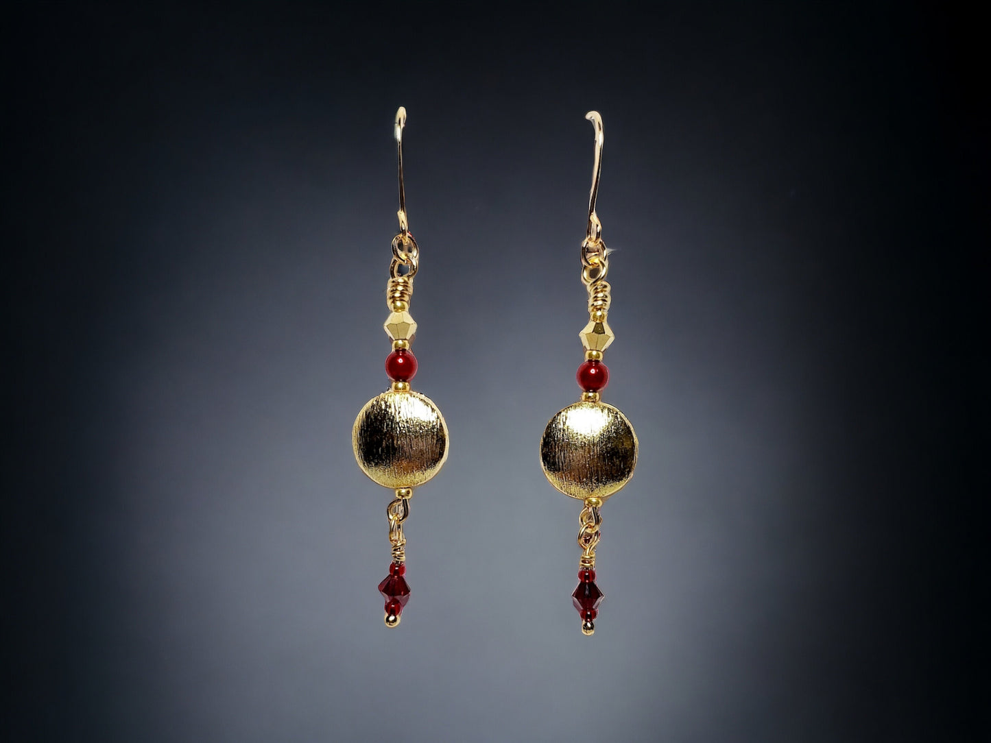 Red crystal and Gold Disc drop earrings approx 2 inches