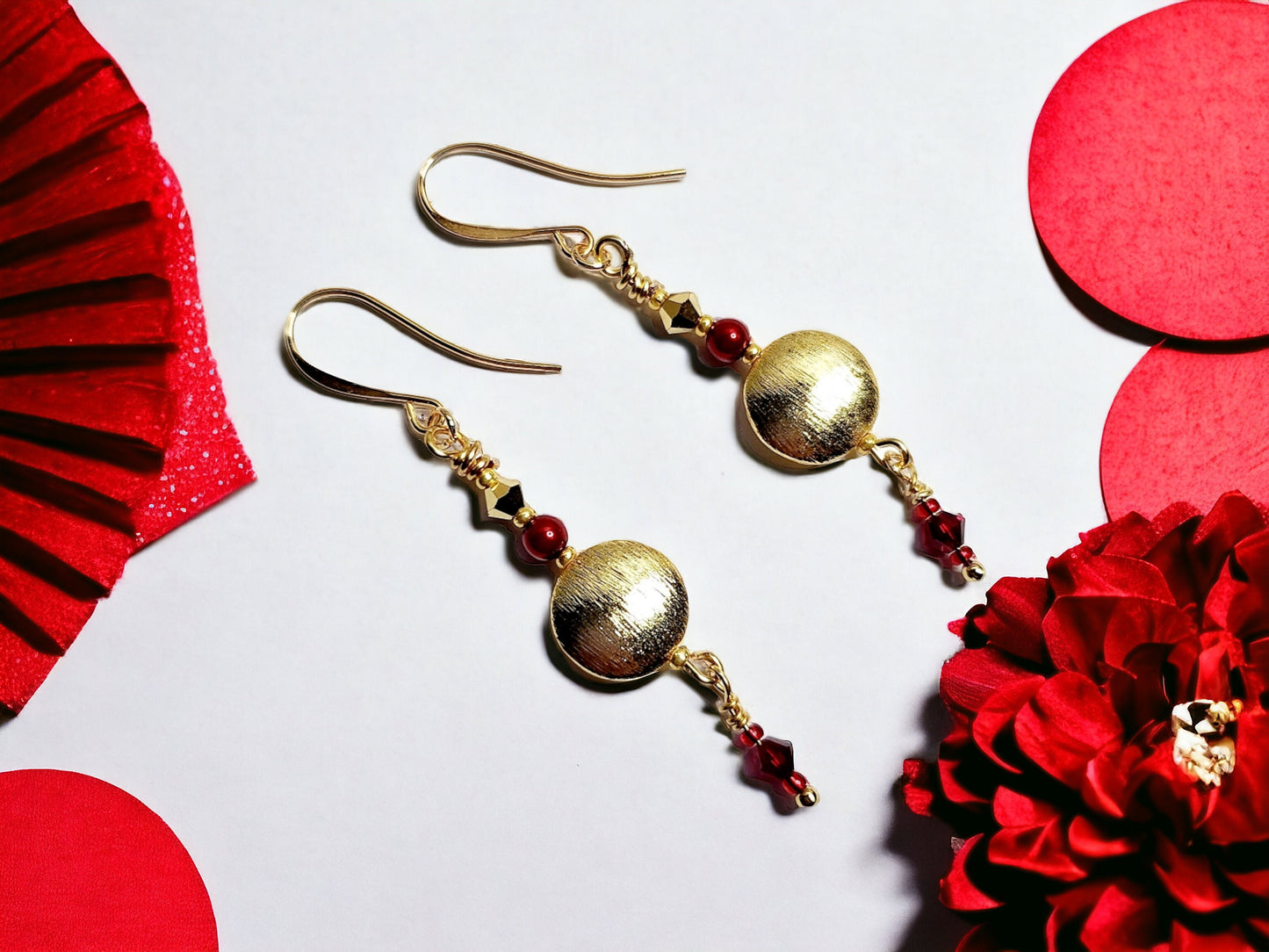 Red crystal and Gold Disc drop earrings approx 2 inches