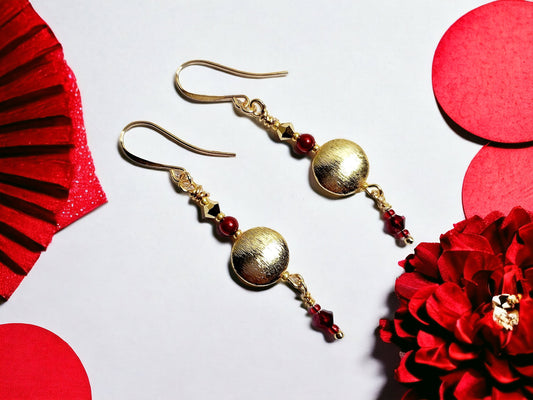 Red crystal and Gold Disc drop earrings approx 2 inches