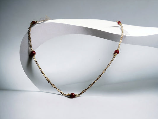 Hand wrapped red pearls and gold paper clip necklace