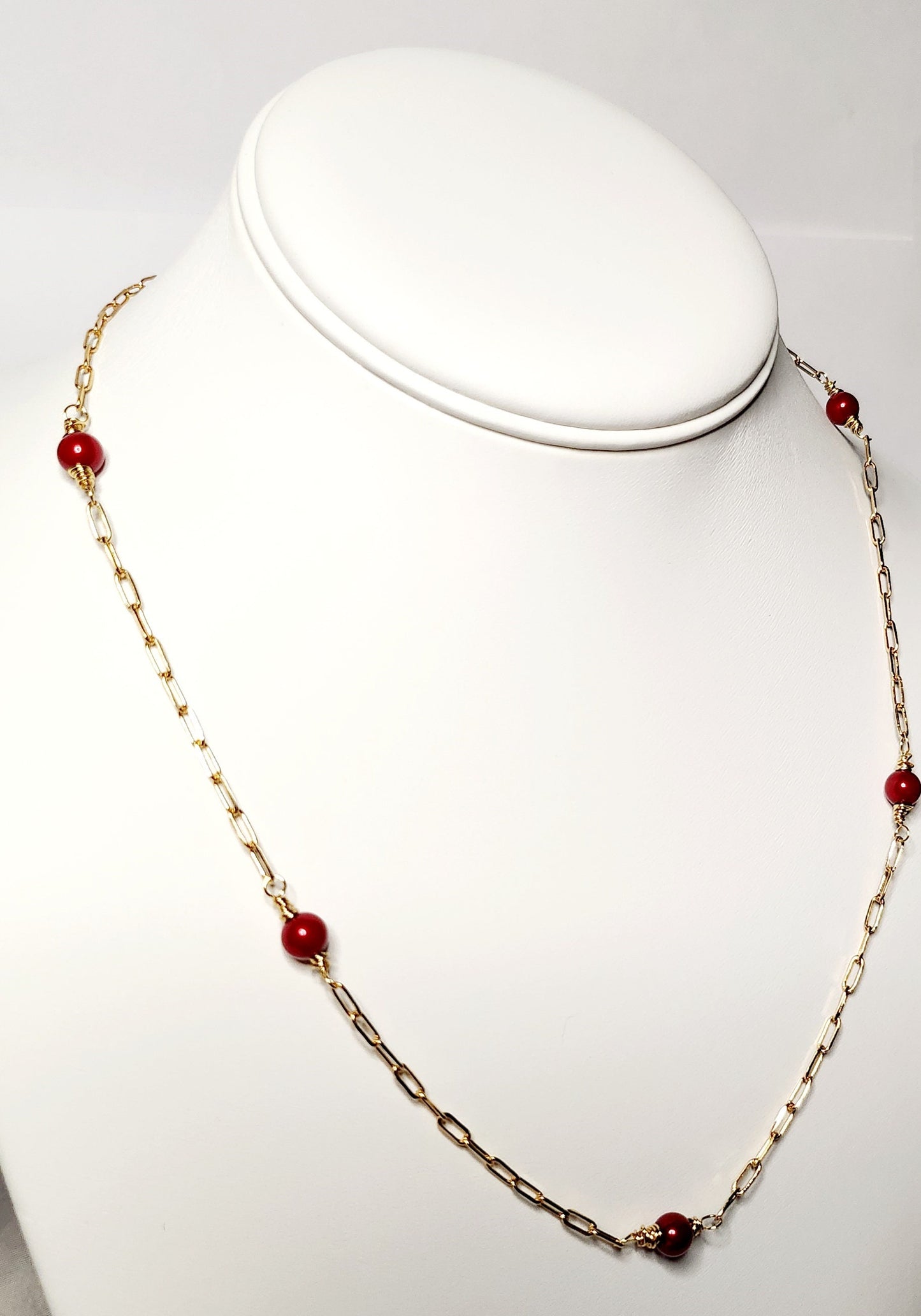 Hand wrapped red pearls and gold paper clip necklace