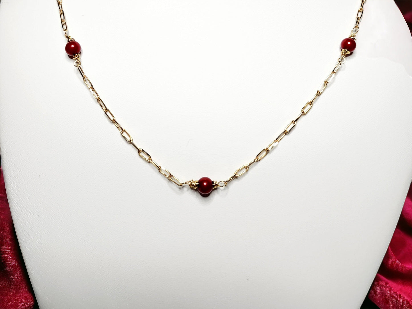 Hand wrapped red pearls and gold paper clip necklace