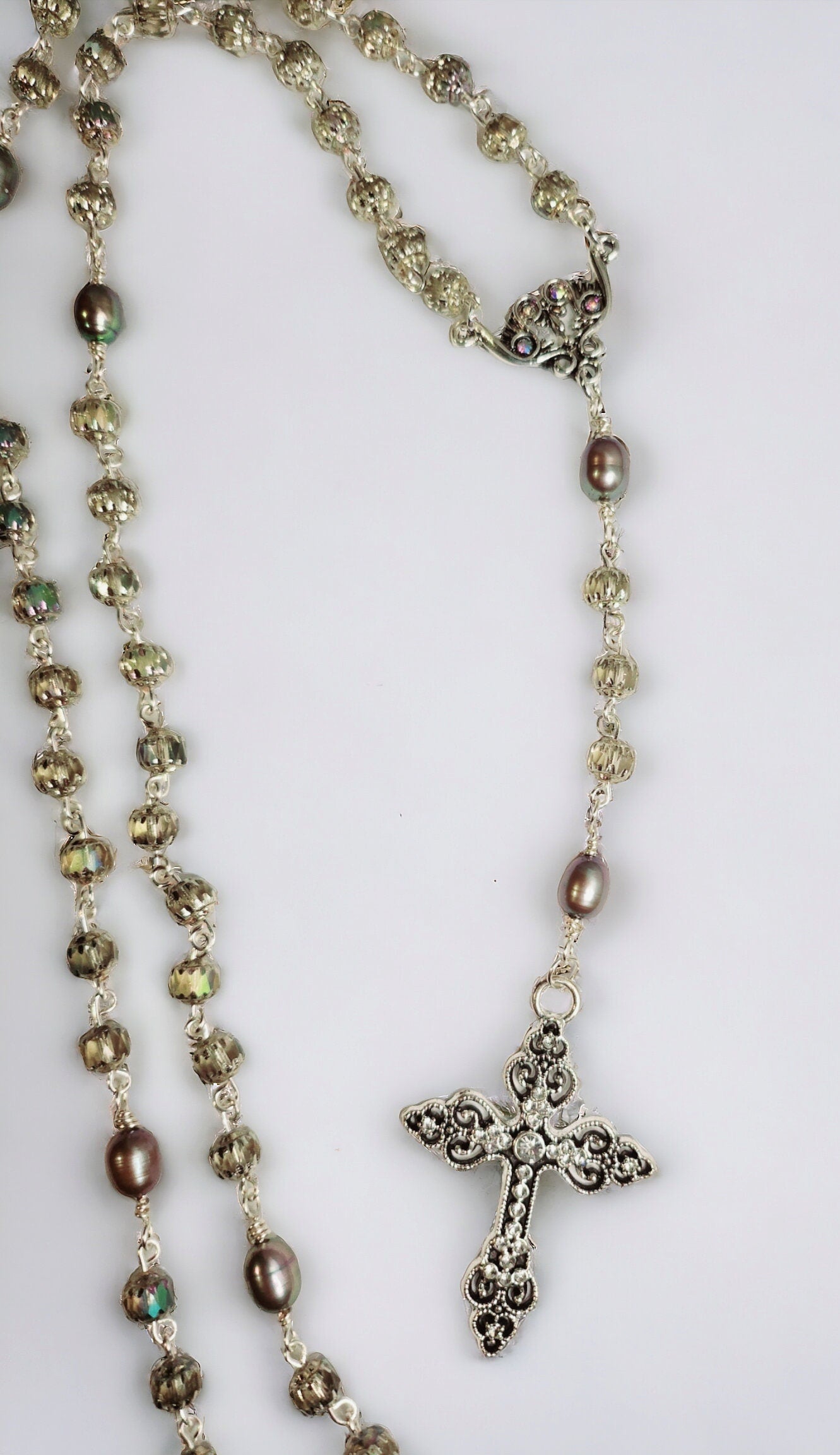 Handmade Cathedral Czech glass beads in smoke color and cultured peacock pearls, silver rosary