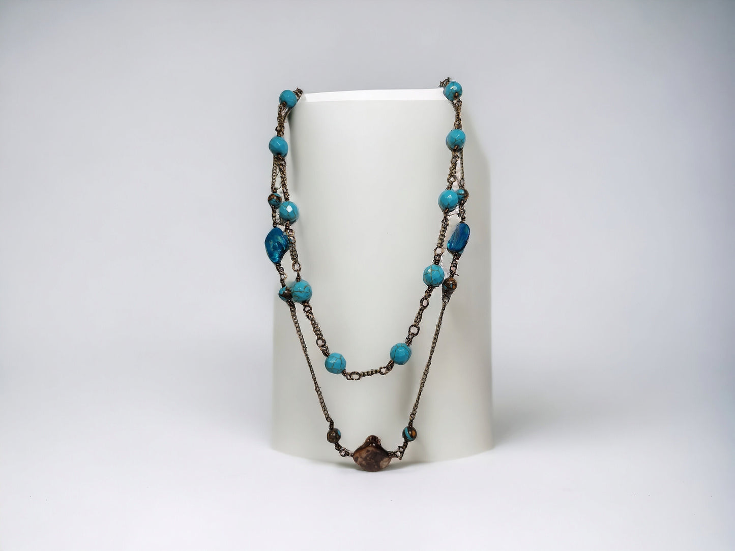 Turquoise and Shell beaded Necklace on antique bronze setting 24inch length
