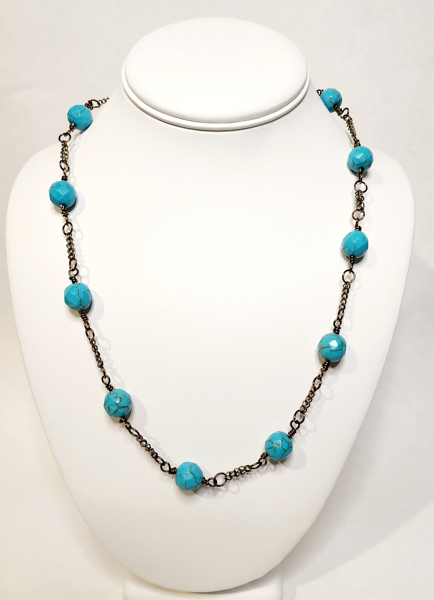 Turquoise Howlite Round Faceted Beaded Necklace on antique bronze setting 20inch length