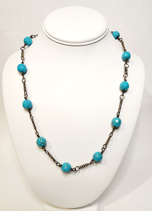 Turquoise Howlite Round Faceted Beaded Necklace on antique bronze setting 20inch length