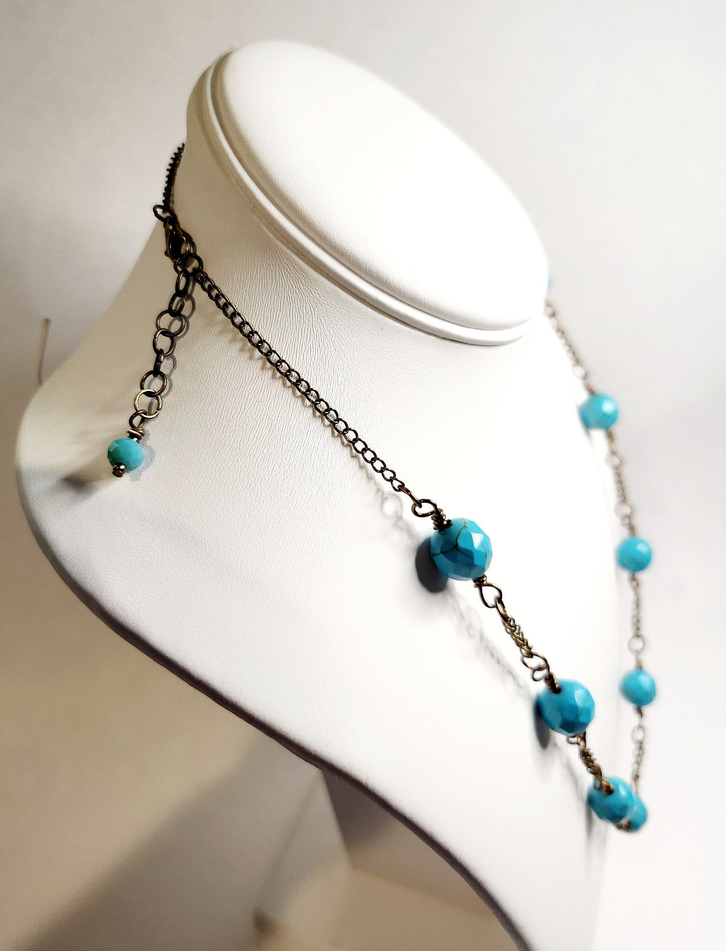 Turquoise Howlite Round Faceted Beaded Necklace on antique bronze setting 20inch length