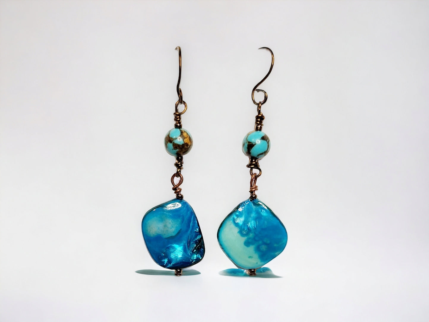 Earrings, Blue Shell and turquoise siderolite, bronze dangle