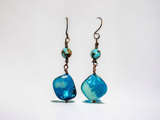 Earrings, Blue Shell and turquoise siderolite, bronze dangle