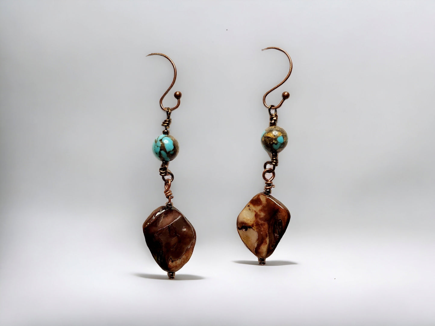 Earrings, Brown Shell and turquoise siderolite, bronze dangle