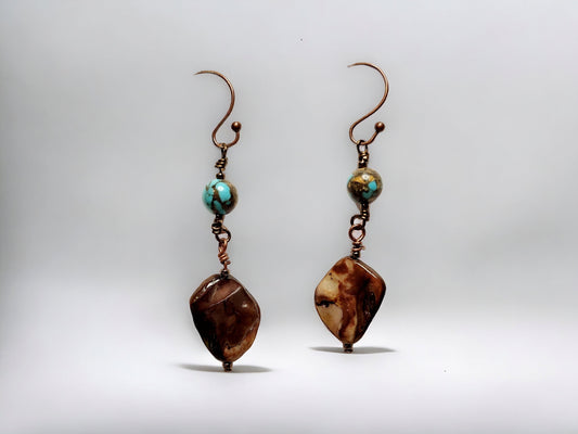 Earrings, Brown Shell and turquoise siderolite, bronze dangle