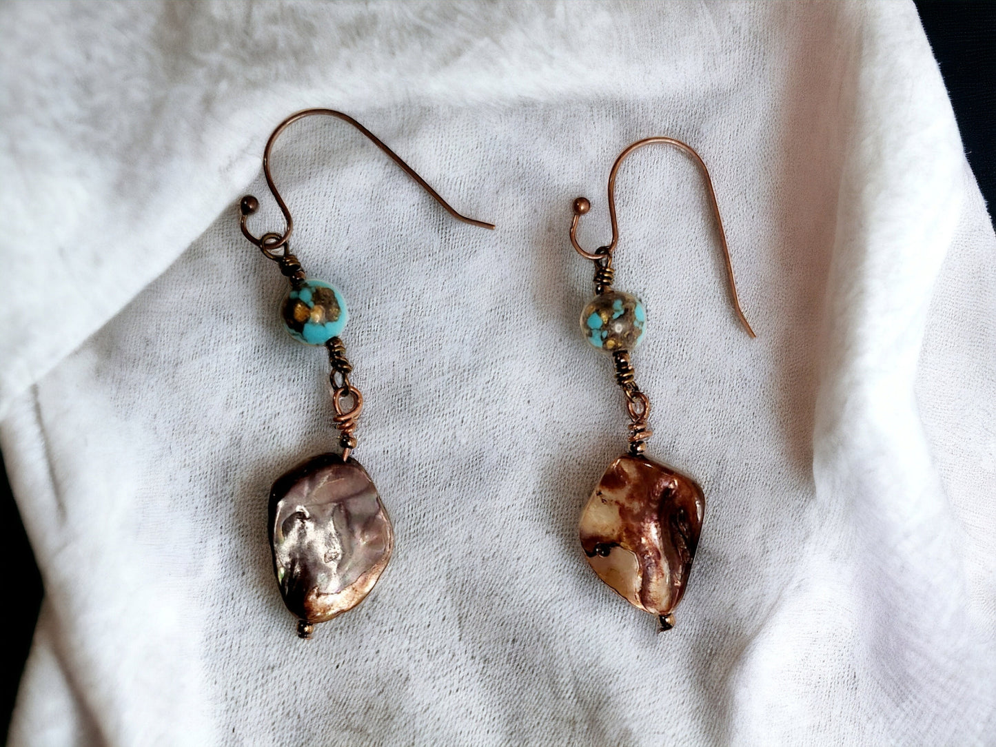 Earrings, Brown Shell and turquoise siderolite, bronze dangle