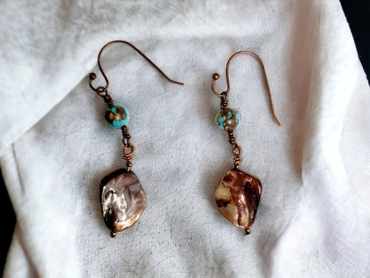 Earrings, Brown Shell and turquoise siderolite, bronze dangle