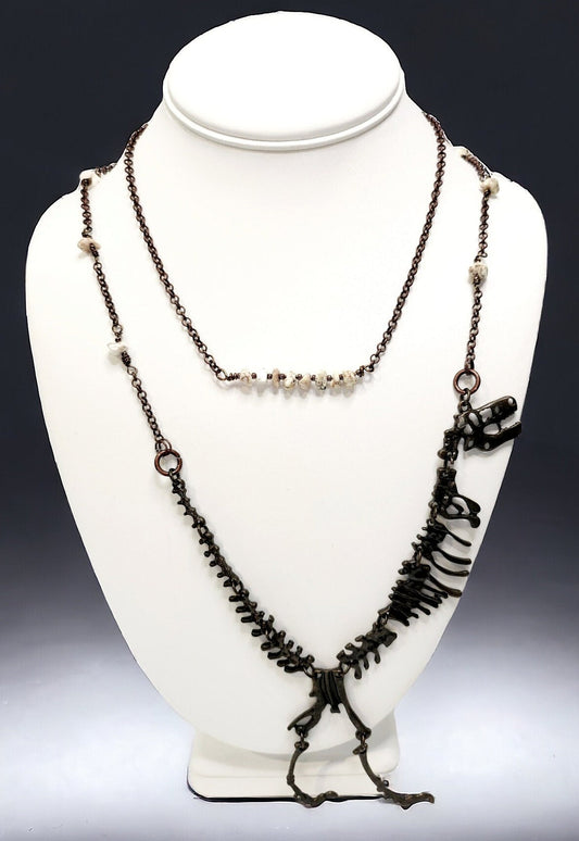 Bronze dinosaur necklace focal on howlite beaded antique bronze chain 24 inch length