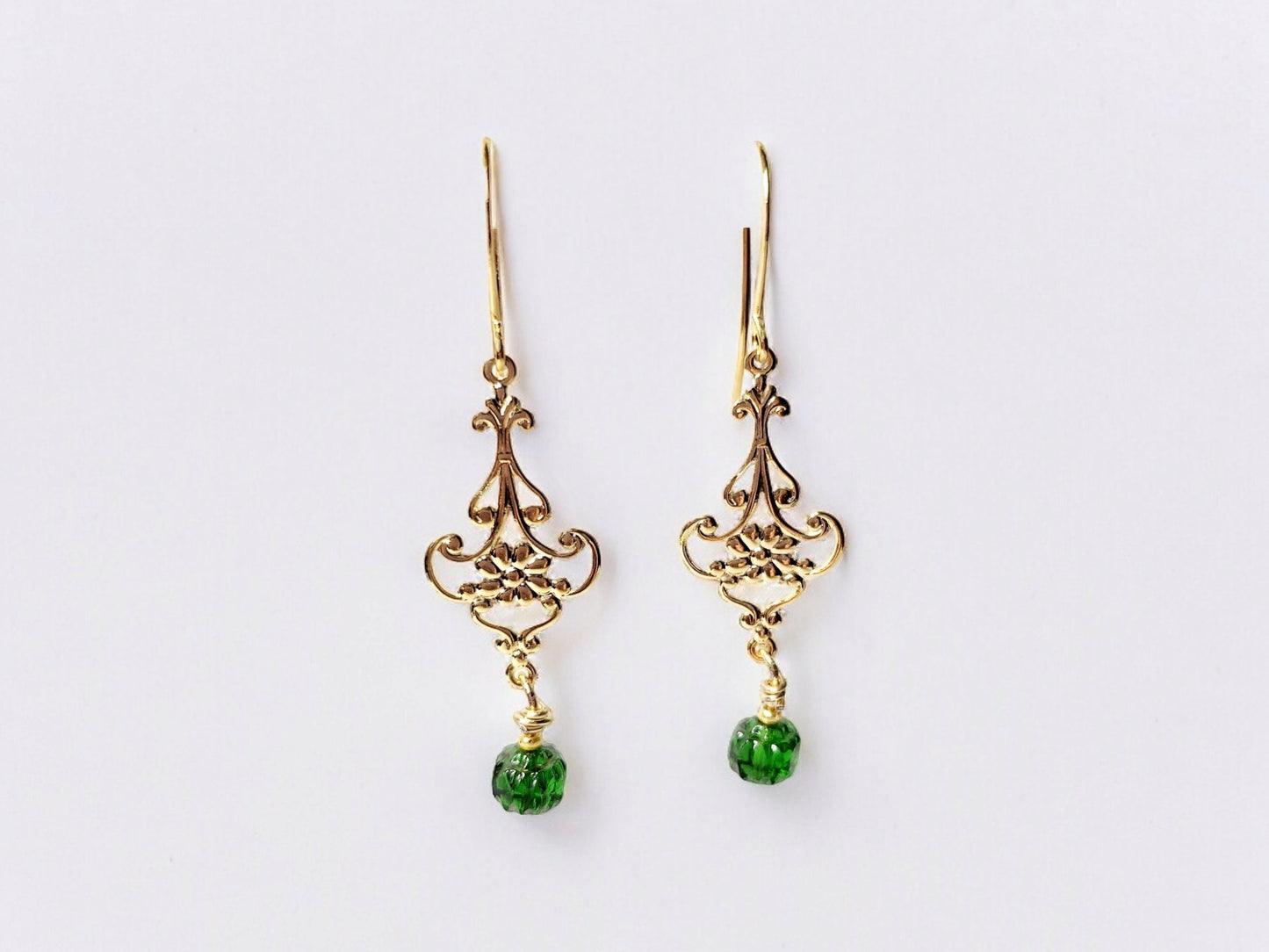 Emerald Czech Glass  and Gold Chanelier Earrings